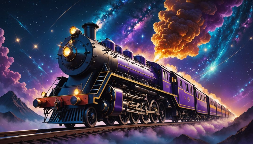 Train spatial de Galaxy Express 999 traversant la galaxie