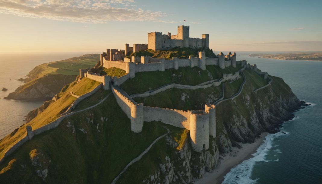 Forteresse médiévale surplombant un littoral au coucher du soleil, symbole du patrimoine mondial