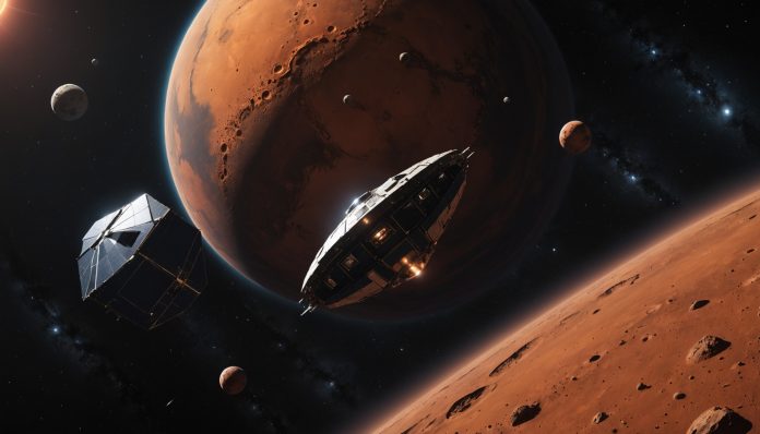 Illustration d'une sonde spatiale survolant Mars vers un astéroïde métallique