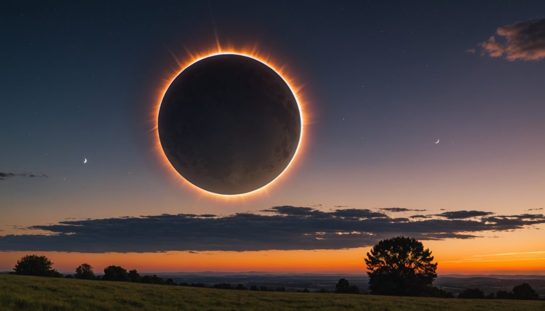 Eclipse solaire totale du 12 aout 2026, couronne solaire au-dessus d un paysage au crepuscule