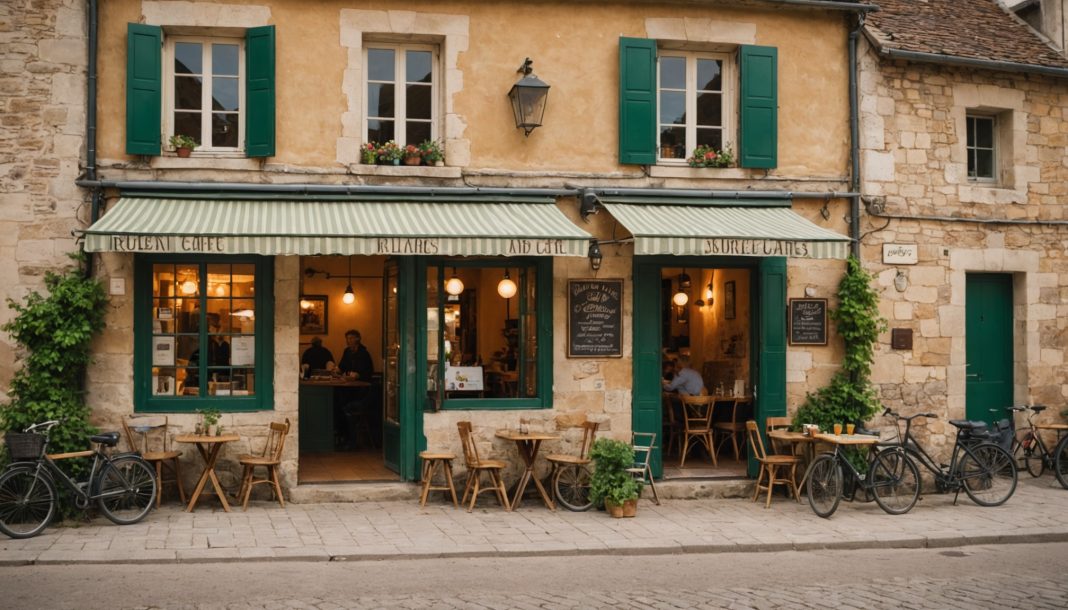 Café de village rouvert avec terrasse et façade en pierre, symbole des services de proximité en milieu rural