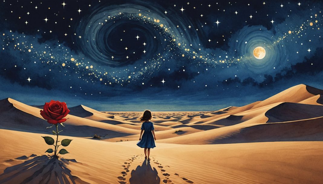 Illustration évoquant Le Petit Prince : ciel étoilé, dunes dorées et une rose, pour les 80 ans de l'édition française