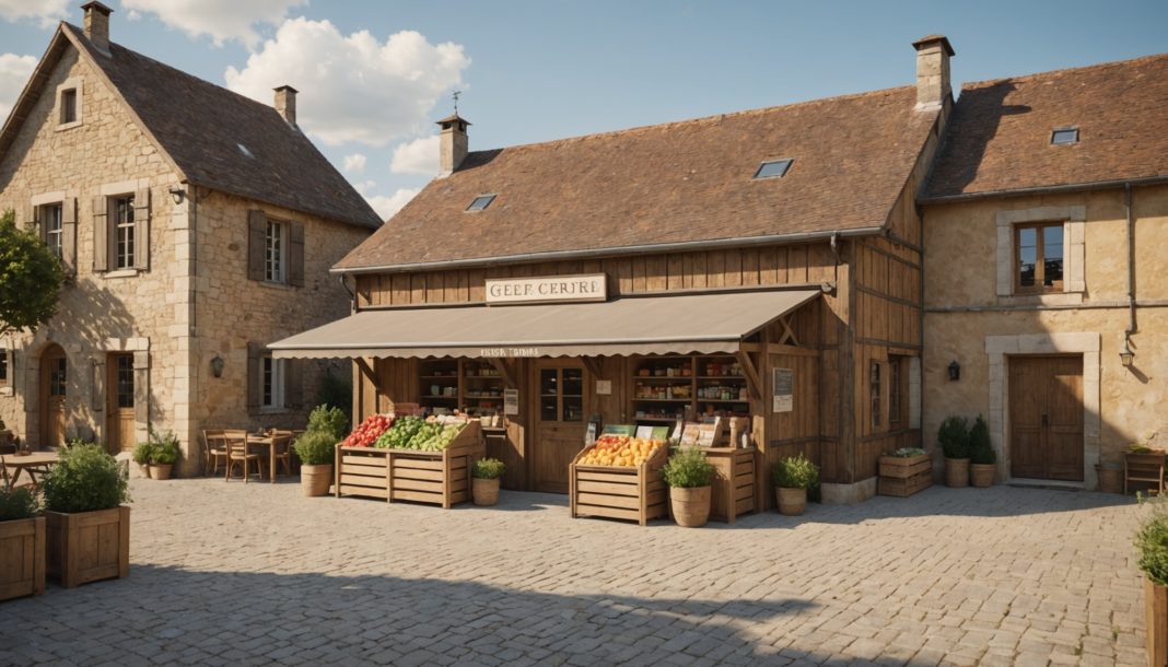 Petite supérette autonome en libre-service sur une place de village