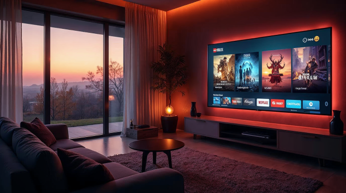 Salon moderne avec écran de streaming