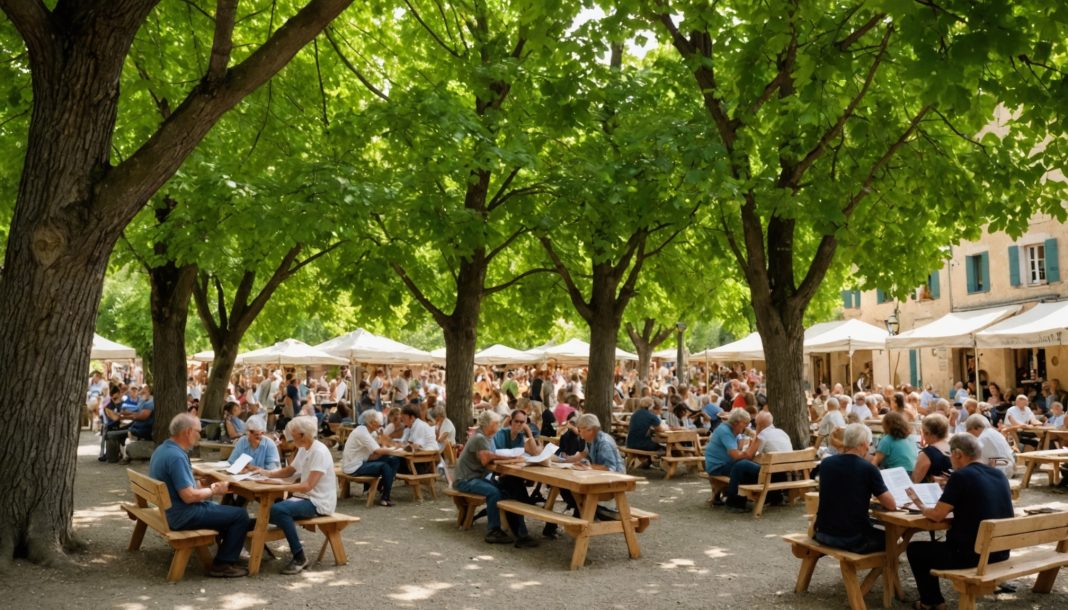Public assis sous les arbres lors d'une lecture de poésie en plein air pendant le festival Lectures sous l'arbre