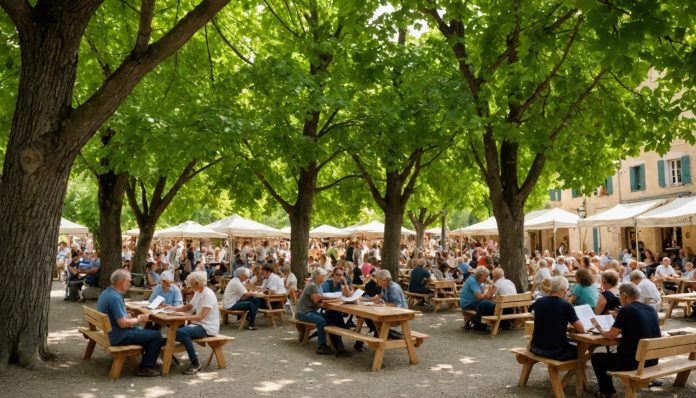 Festival littéraire en plein air en Haute-Loire Public assis sous les arbres lors d'une lecture de poésie en plein air pendant le festival Lectures sous l'arbre