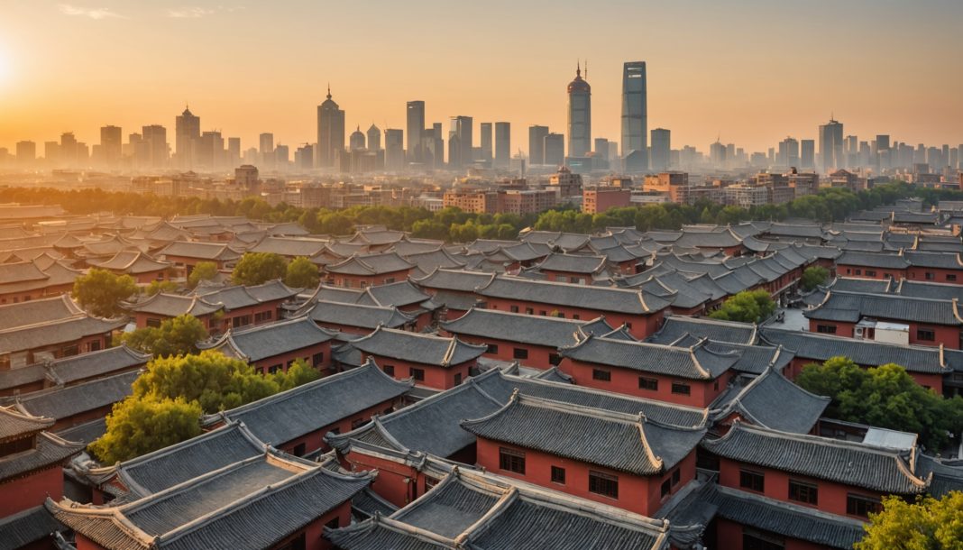 Skyline de Pékin mêlant architecture traditionnelle et bâtiments durables contemporains
