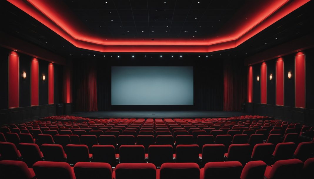 Grande salle de cinéma vide face à un écran lumineux