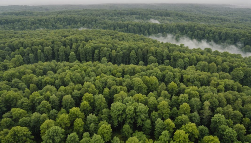Forêt française vue aérienne, arbres affaiblis par la sécheresse et les maladies