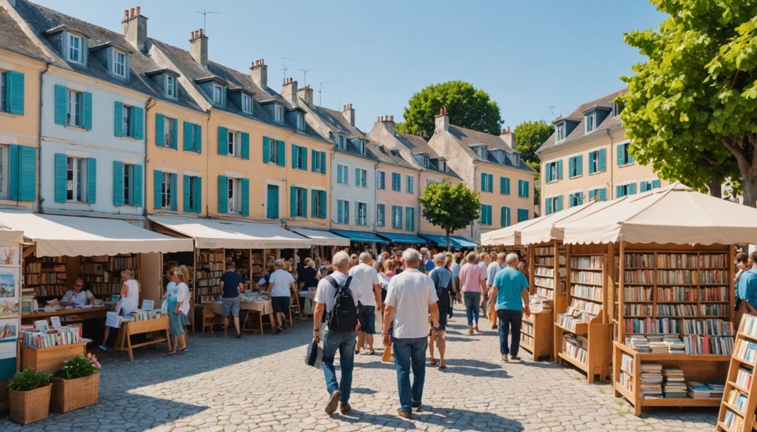 Stands de livres en plein air lors d'un festival littéraire sur l'Île de Ré