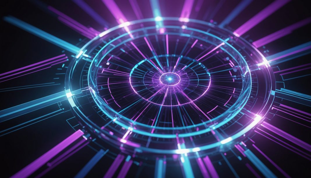 Illustration abstraite d'un cristal photonique temporel avec des faisceaux térahertz