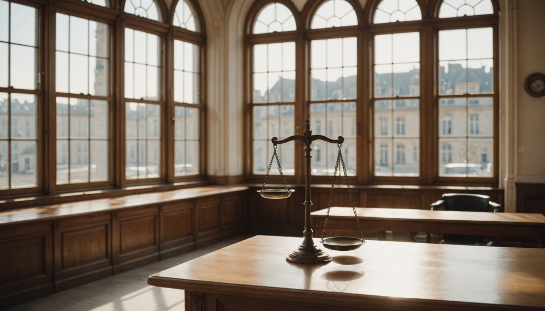 Salle de tribunal vide avec la balance de la justice, illustration de la loi sur la justice criminelle et le respect des victimes