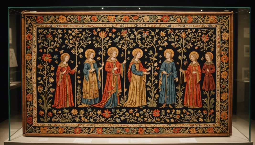Tapisserie médiévale exposée dans une vitrine de musée moderne, illustration du prêt de la tapisserie de Bayeux au British Museum