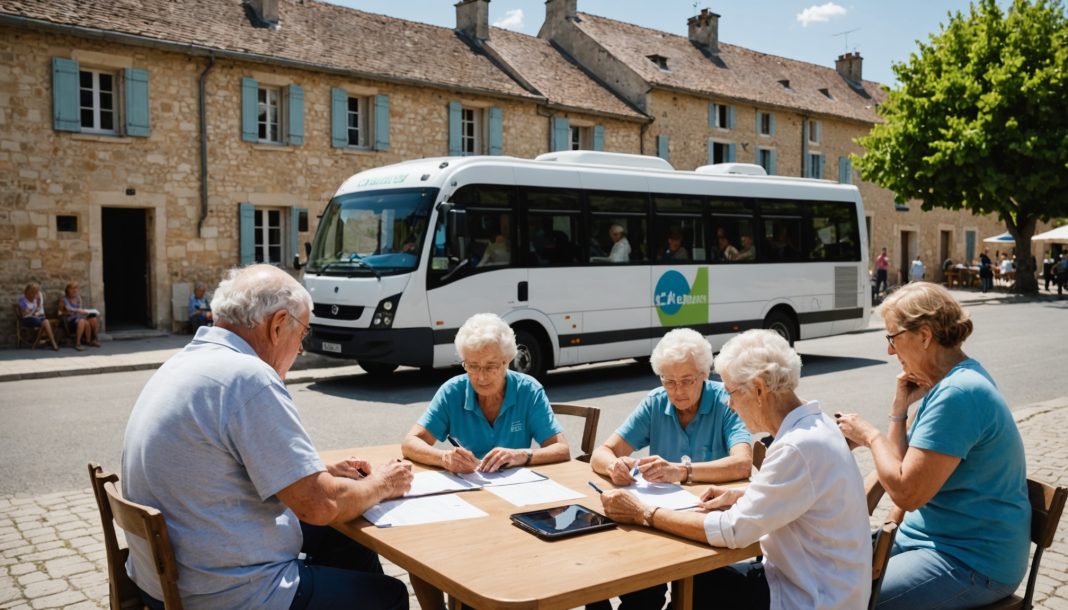 Bus France Services itinérant stationné sur une place de village, aide aux démarches administratives