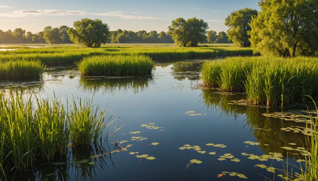Zone humide restaurée en France dans le cadre d'un programme de restauration de la biodiversité