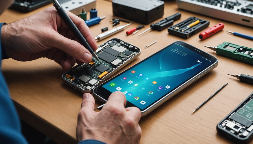Réparation d'un smartphone par un technicien dans un atelier de réparation