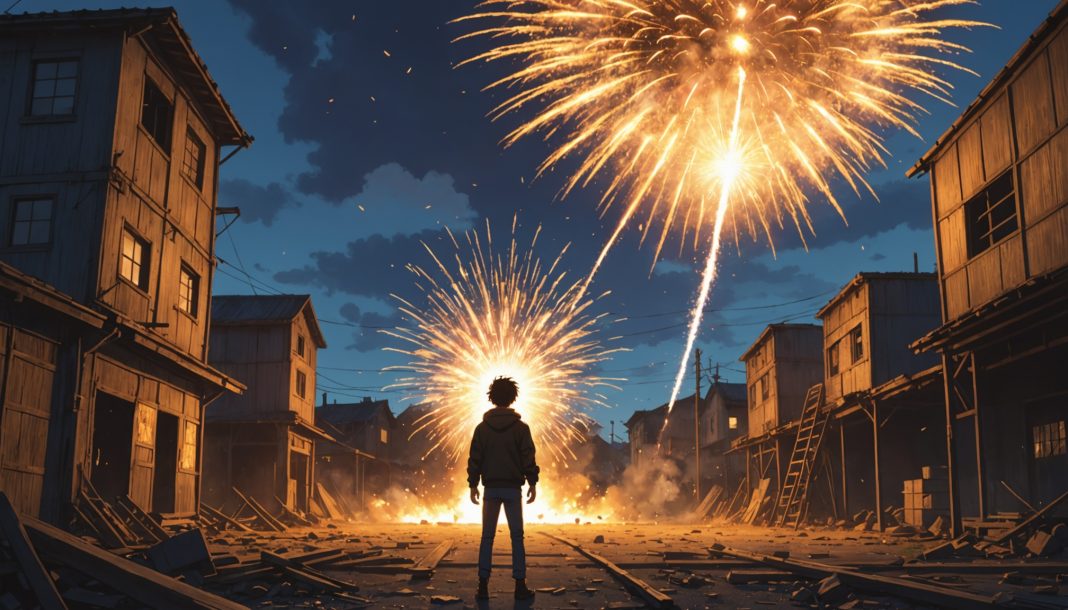 Illustration d'un feu d'artifice mythique au-dessus d'une usine japonaise, inspirée du film Une aube nouvelle