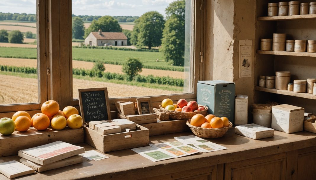 Comptoir de ferme avec un coin relais postal La Poste, timbres et colis à côté de produits fermiers