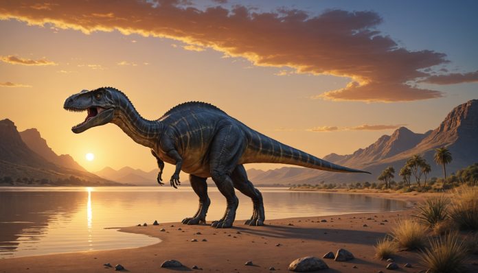 Musango matusadonaensis, nouveau dinosaure decouvert au Zimbabwe Illustration d'un dinosaure bipede au bord d'un lac africain
