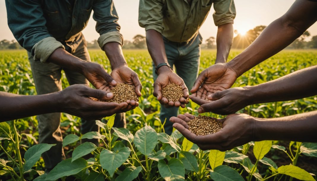 Agriculteurs africains examinant des semences résilientes dans un champ verdoyant au coucher du soleil