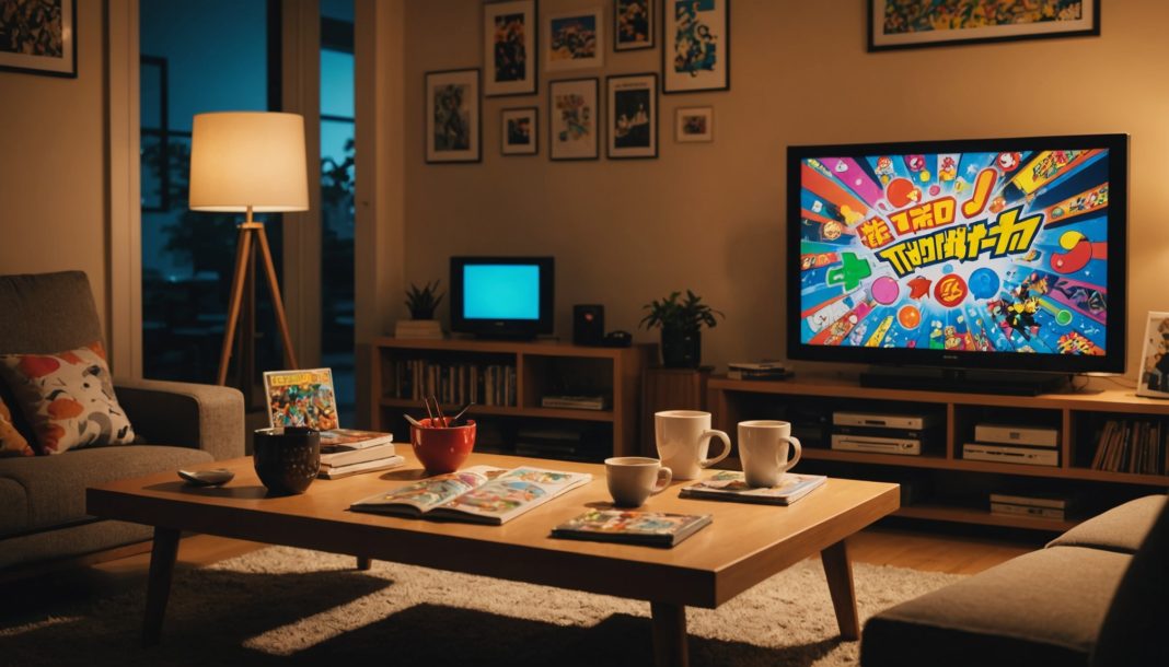 Télévision diffusant un dessin animé japonais dans un salon, avec des mangas posés à proximité
