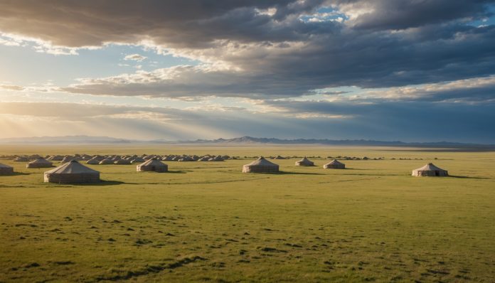 Paysage de steppe mongole avec sol craquelé et pâturage, illustration de la désertification