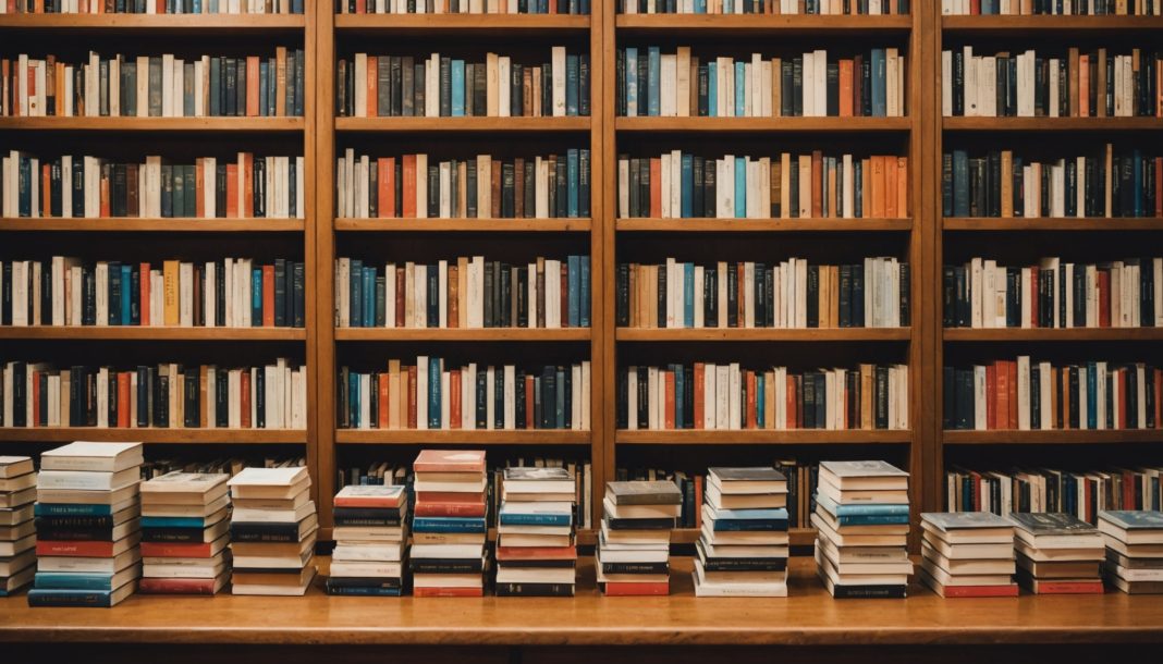 Intérieur chaleureux d'une librairie française avec des piles de romans neufs sur une table en bois, illustration de la rentrée littéraire