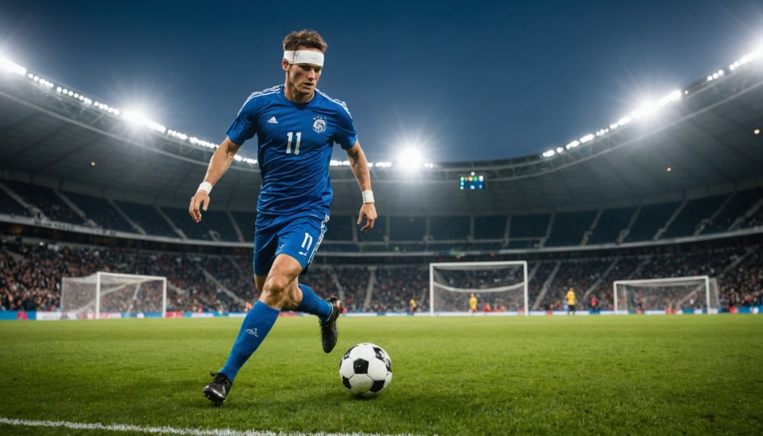 Joueur de cécifoot avec bandeau frappant un ballon sur un terrain de football