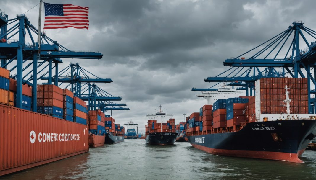 Conteneurs de fret dans un port symbolisant le différend commercial entre les Etats-Unis et le Canada