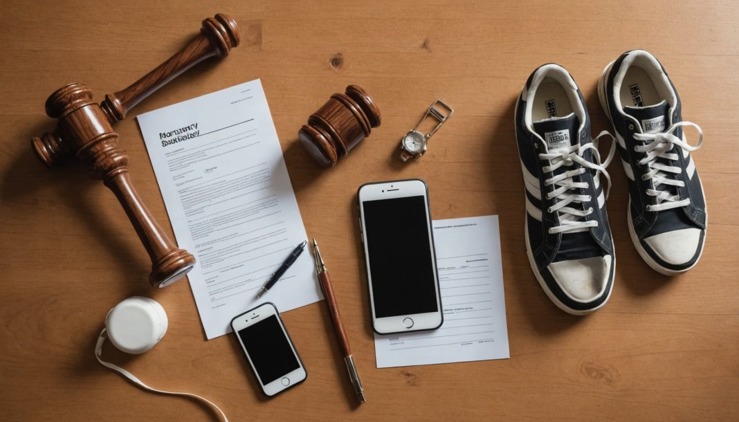 Marteau de justice et document de garantie symbolisant les droits des consommateurs lors d'un achat d'occasion