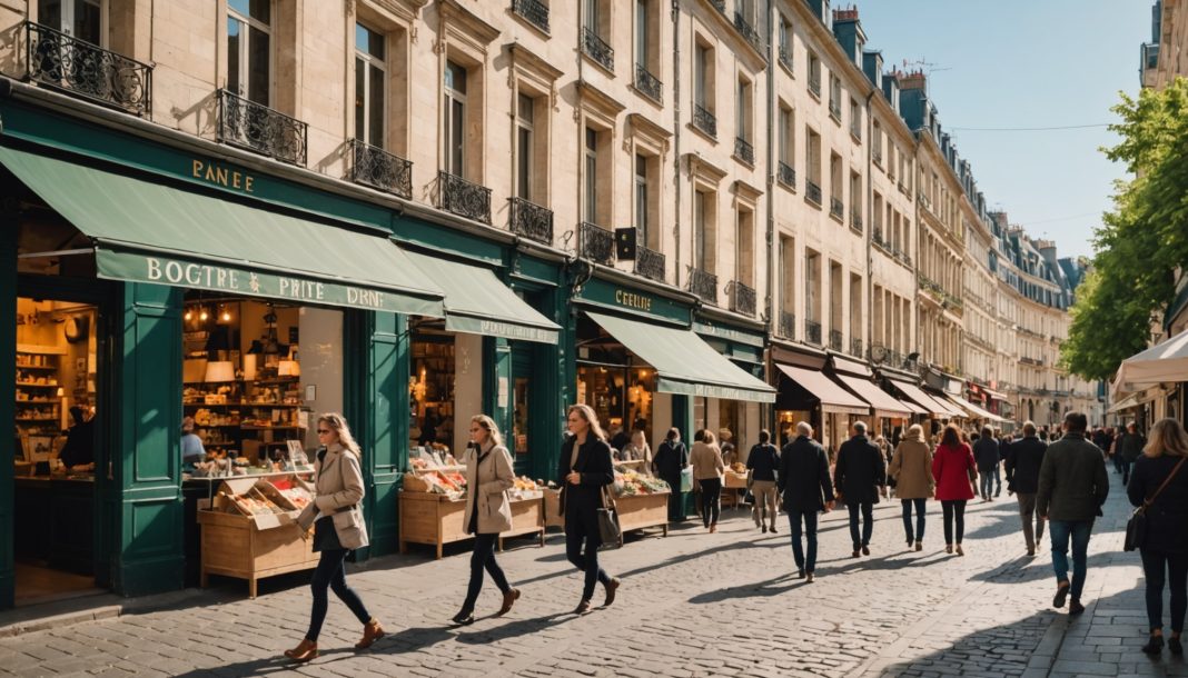 Petits commerces et boutiques indépendantes dans une rue de centre-ville en France