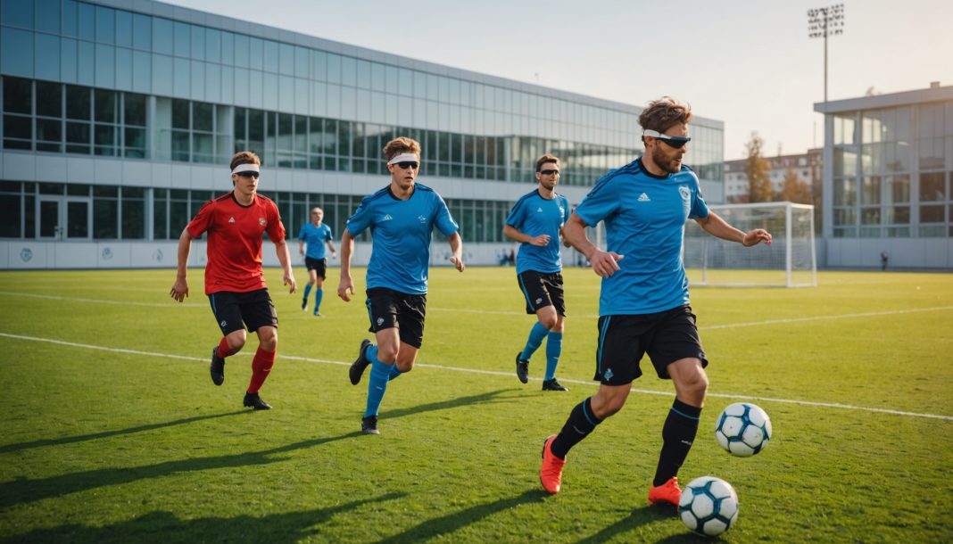 Joueurs de cécifoot en action sur un stade éphémère à Strasbourg lors du Championnat d'Europe 2026
