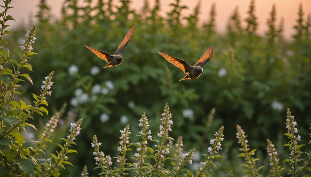 Petit oiseau et chauve-souris pipistrelle près d'une haie sauvage en fleurs au crépuscule