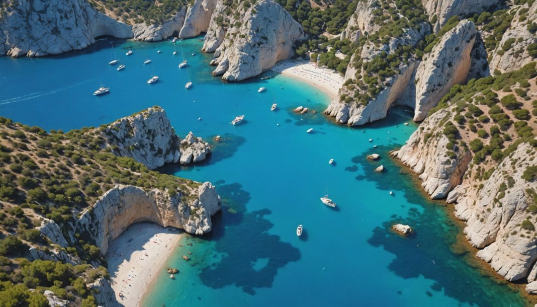 Calanque méditerranéenne avec plage et falaises, illustration des quotas de visiteurs sur les sites naturels