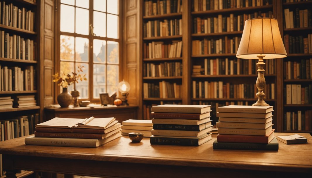Pile de romans de la rentrée littéraire dans une librairie, lumière chaude d'automne