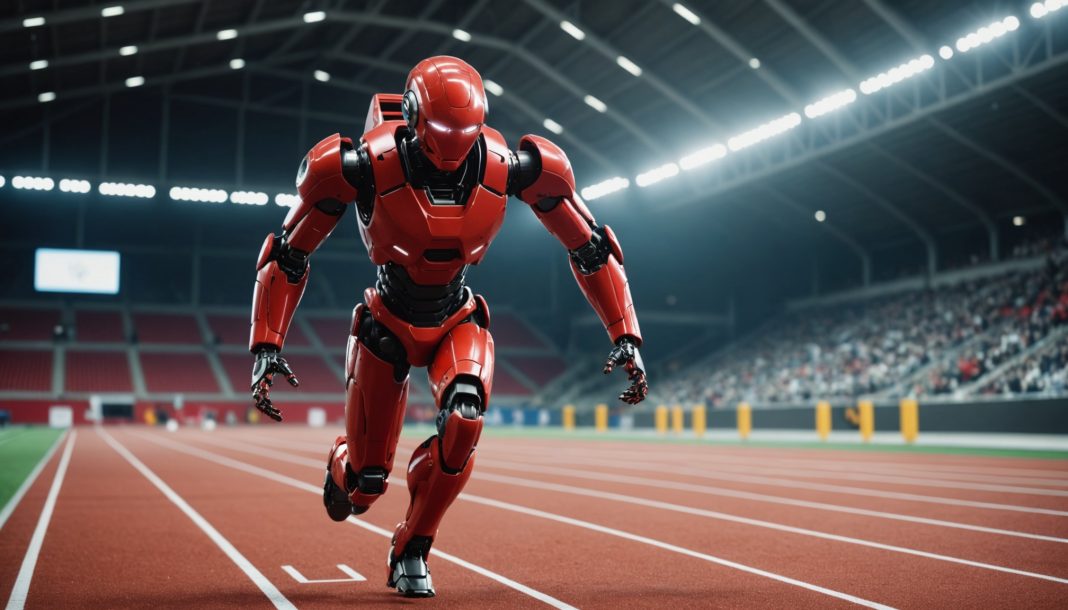 Robot humanoïde rouge en pleine course sur une piste d'athlétisme, stade futuriste
