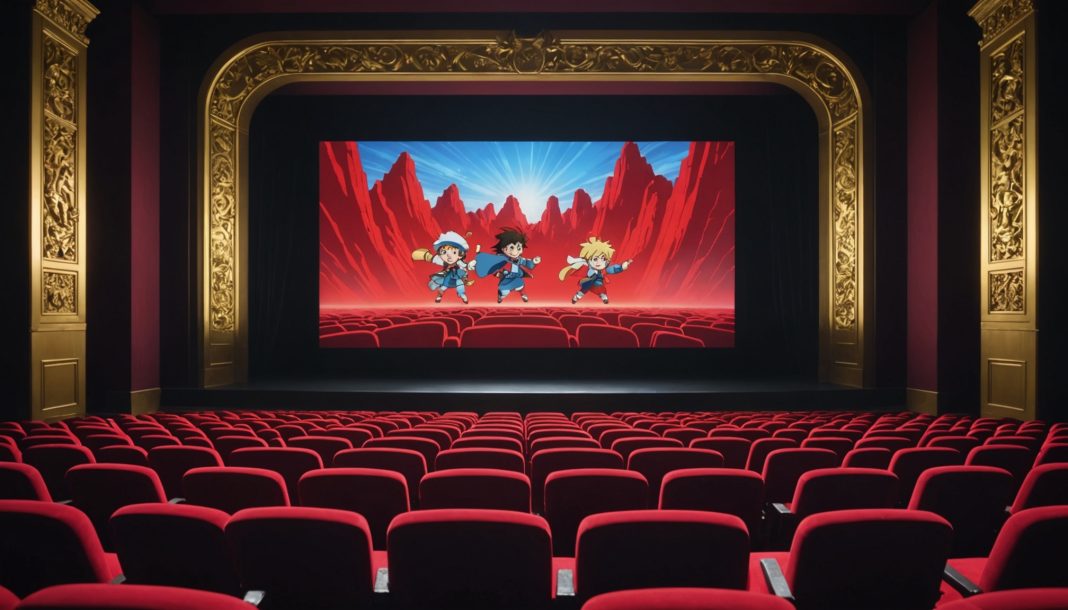 Salle de cinéma projetant une scène d'animation japonaise