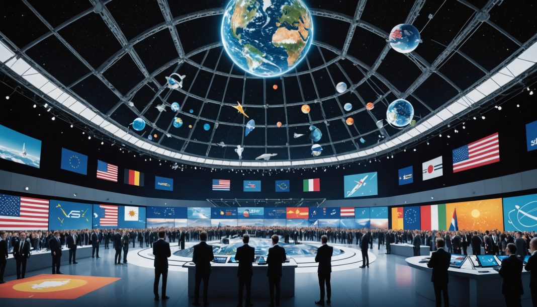 Illustration d'un sommet spatial international avec drapeaux du monde et représentation de satellites en orbite autour de la Terre