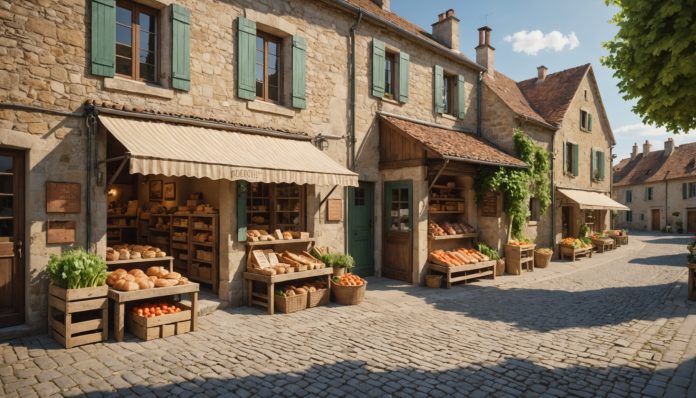 Commerce rural et services de proximité dans un village français Petite épicerie de village avec pain et légumes frais, illustration des services de proximité en zone rurale