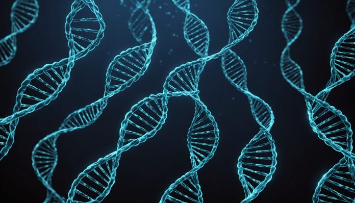 Illustration d'une double hélice d'ADN évoquant des silhouettes humaines fantomatiques entrelacées