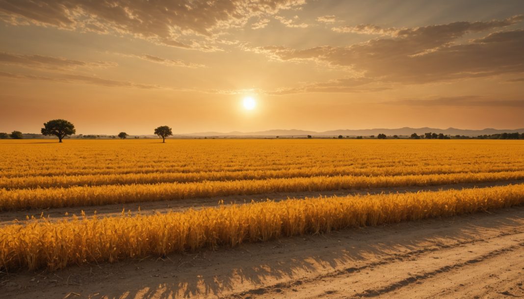 Paysage rural français sous une chaleur intense et un ciel embrasé, illustrant l'été le plus chaud jamais mesuré en France
