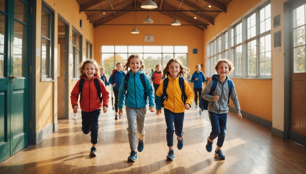 Enfants en tenue de sport entrant dans un gymnase à la rentrée