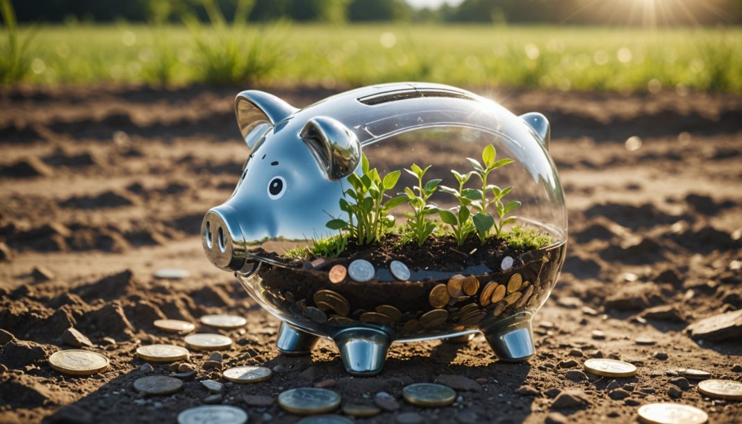Tirelire en verre avec des plantes vertes sur un sol craquelé, symbole du financement de l'adaptation climatique