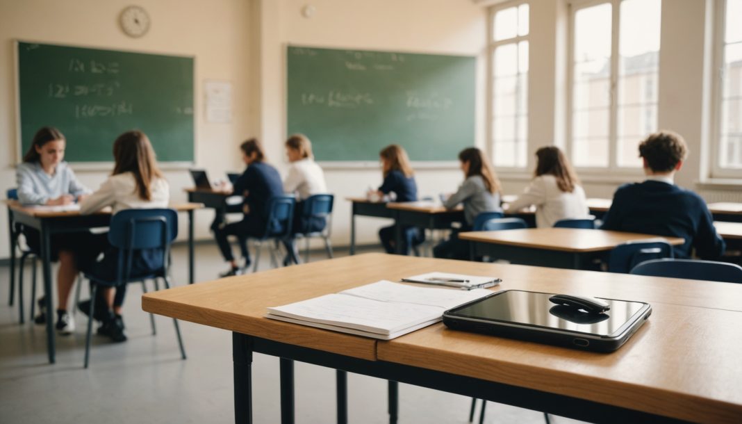 Smartphone éteint posé sur un bureau dans une salle de classe de lycée