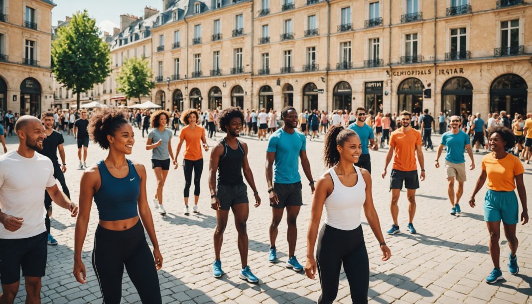 Illustration de personnes pratiquant une activité physique en extérieur dans une ambiance conviviale