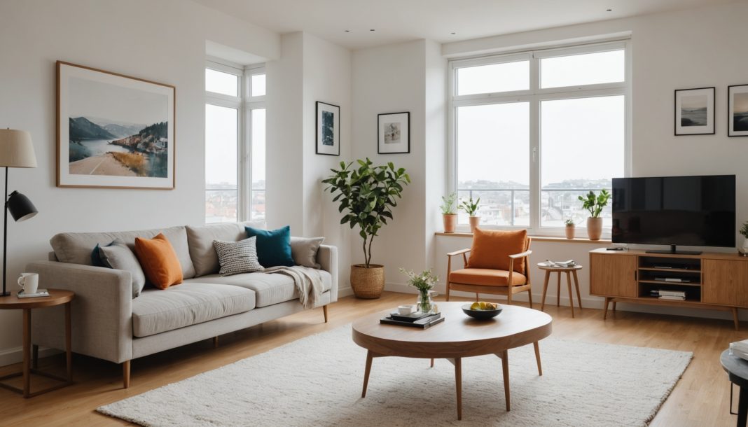 Salon d'un appartement meublé lumineux préparé pour une location LMNP