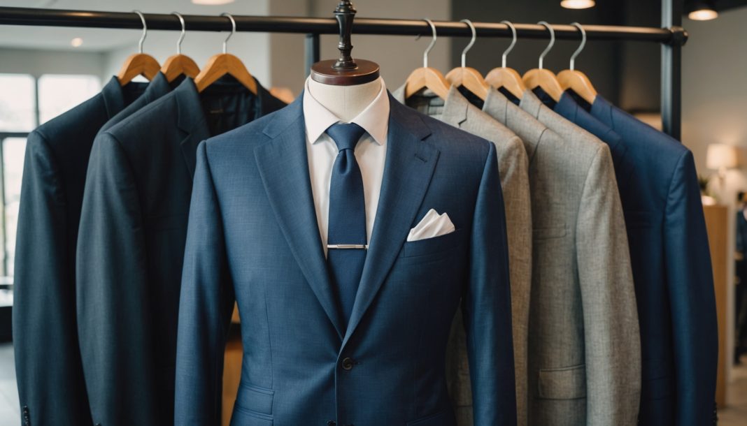 Costume homme élégant sur cintre dans une boutique de prêt-à-porter