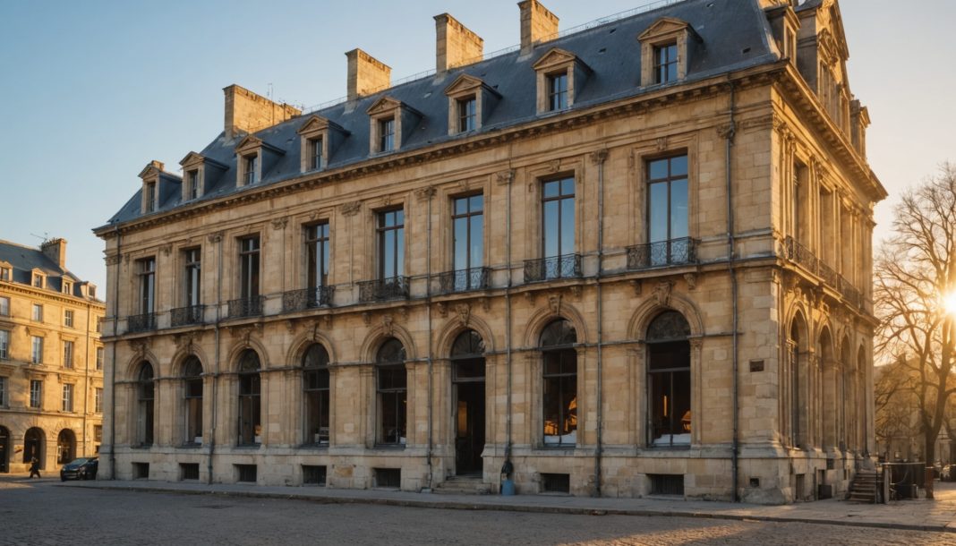 Bâtiment patrimonial français en cours de restauration, échafaudages, lumière dorée