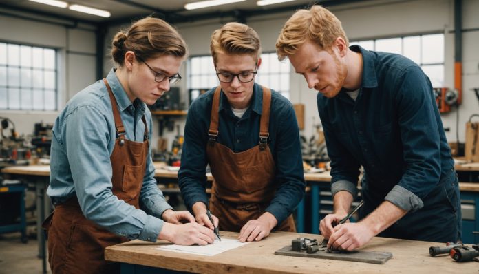 Alternance : apprenti et tuteur en atelier Jeune apprenti en alternance formé par un tuteur dans un atelier professionnel