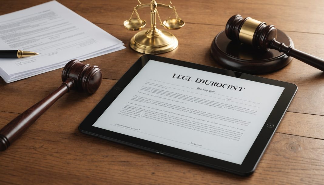 Tablette numérique affichant des documents juridiques sur un bureau